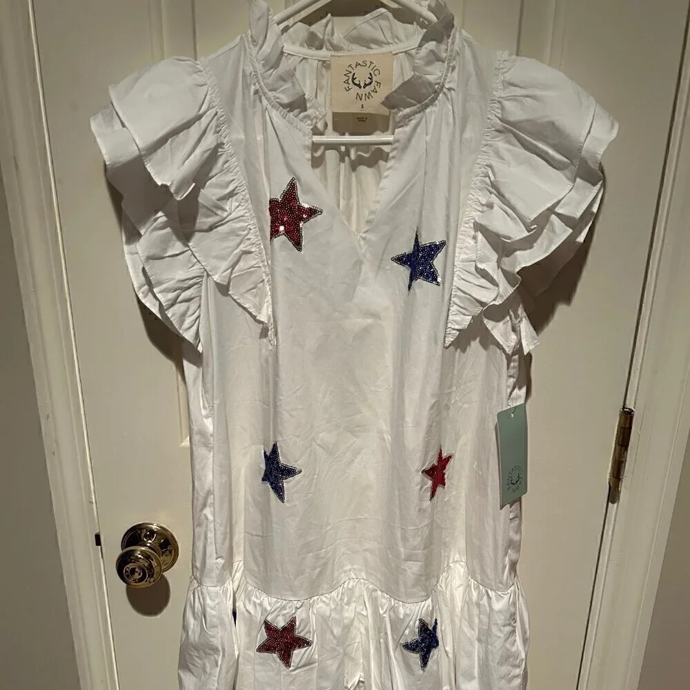 Fantastic Fawn White Ruffle Dress with Red & Blue Star Appliqués - Picture 1 of 4